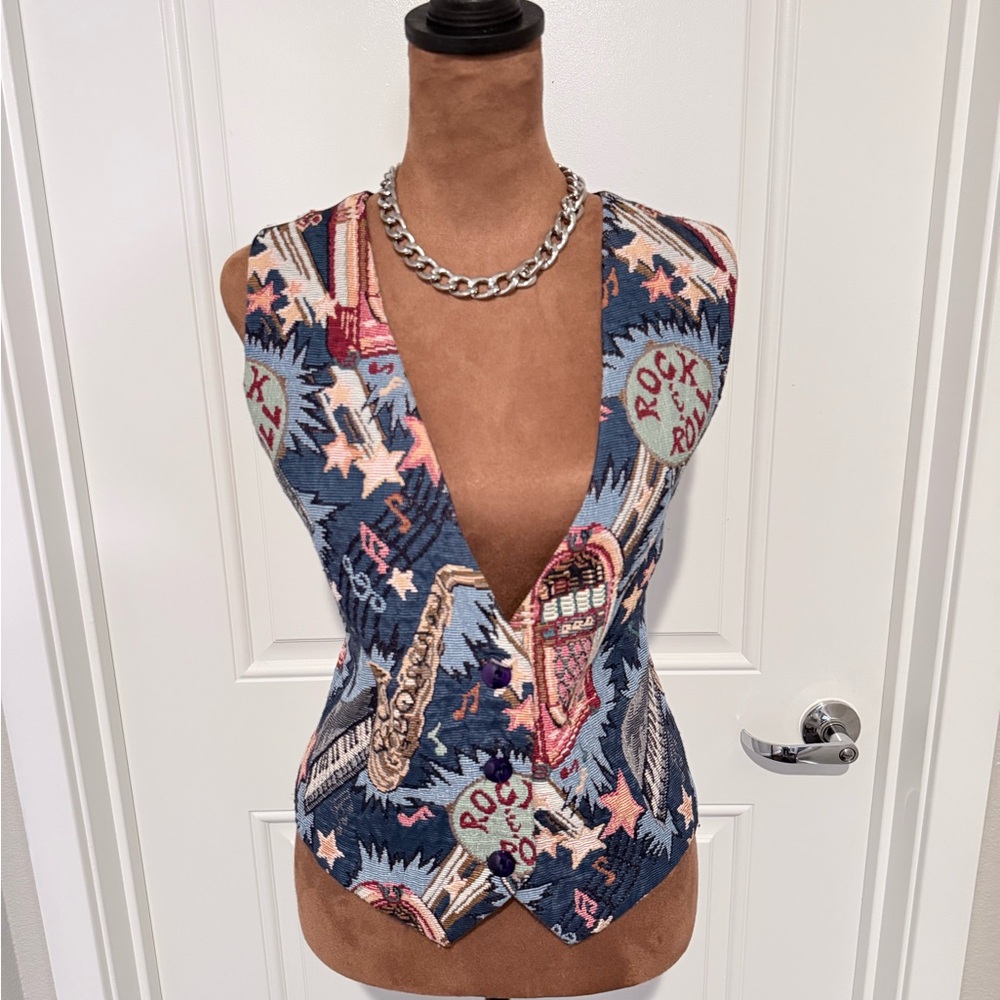 Vintage Comterio Tapestry Vest | Rock & Roll Print | Deep V | Size L